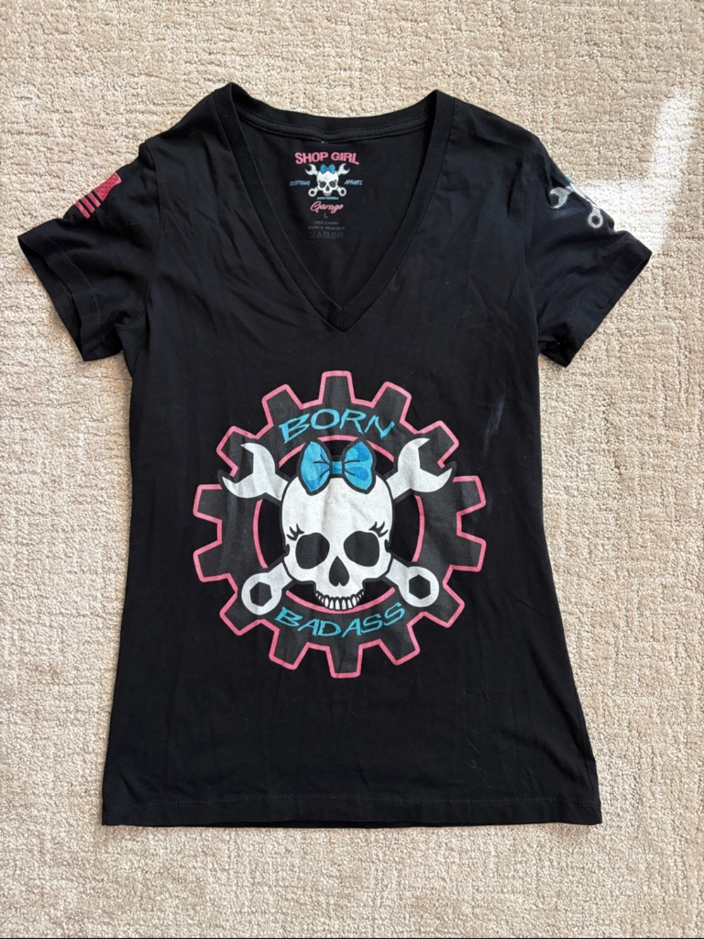 Garage Black V-Neck Tee with Pink and Blue Skull Graphic